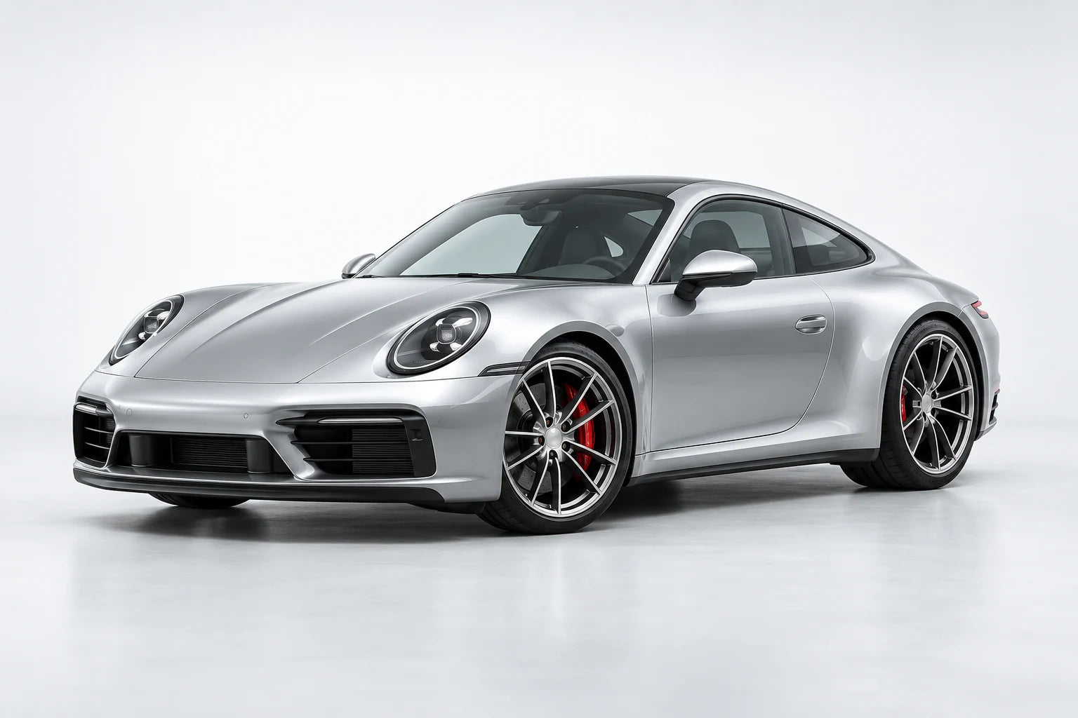 Silver sports coupe in a bright studio